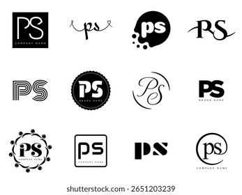 PS logo company template. Letter p and s logotype. Set different classic serif lettering and modern bold text with design elements. Initial font typography. Collection trendy business identity.