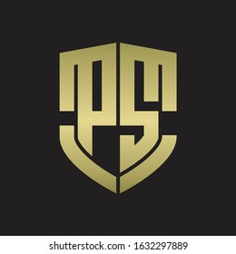 PS Logo monogram with emblem shield shape design isolated gold colors on black background