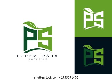 PS logo monogram with green leaf nature organic bio curved shape premium vector design template