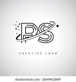 Logotipo do Monograma da Órbita PS - Marca de Letra Mínima Futurista com Linha de Arte Circular, Pontos Inspirados na Tecnologia e Conceito de Movimento Espacial para Identidade de Marca Moderna
