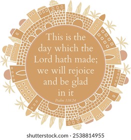 Psalm 118:24 text inside biblical city frame artwork. "This is the day which the Lord hath made; we will rejoice and be glad in it"