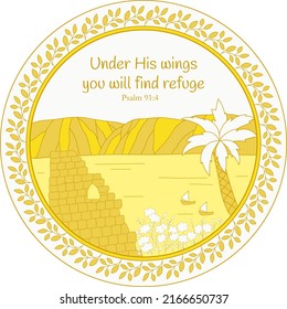 Psalm 91 verse 4 quote inside of ancient city of Tiberias circle illustration