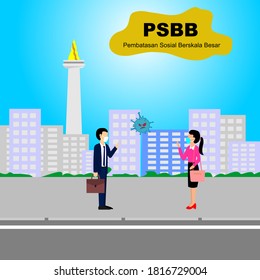 PSBB text with a flat sign illustration of the DKI Jakarta Cityscape building architecture.