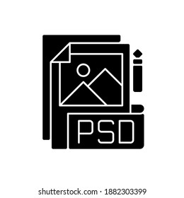 PSD file black glyph icon. Layered image file format. High quality graphics data. Data saving. PSD layers, images, effects modifying. Silhouette symbol on white space. Vector isolated illustration