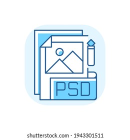 PSD file blue RGB color icon. Layered image file format. High quality graphics data. Digital image. Data saving. PSD layers, images, shapes, text, effects modifying. Isolated vector illustration