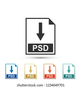 PSD file document icon. Download PSD button icon isolated on white background. Set elements in colored icons. Flat design. Vector Illustration