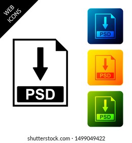 PSD file document icon. Download PSD button icon isolated. Set icons colorful square buttons. Vector Illustration