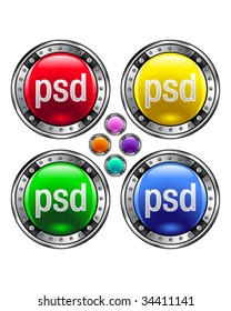 PSD file extension icon on round colorful vector buttons suitable for use on websites, in print materials or in advertisements.  Set includes red, yellow, green, and blue versions.