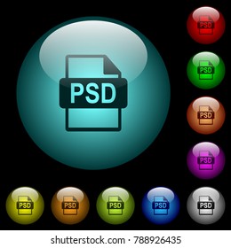 PSD file format icons in color illuminated spherical glass buttons on black background. Can be used to black or dark templates