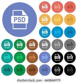 PSD file format multi colored flat icons on round backgrounds. Included white, light and dark icon variations for hover and active status effects, and bonus shades on black backgounds.