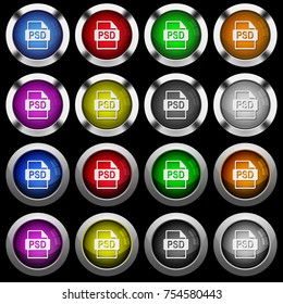 PSD file format white icons in round glossy buttons with steel frames on black background. The buttons are in two different styles and eight colors.