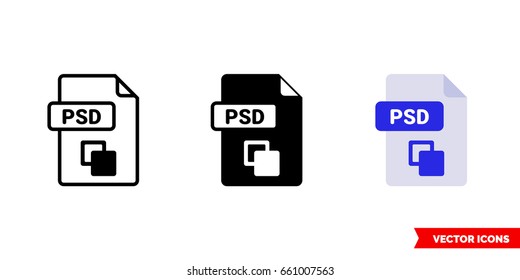 PSD file icon of 3 types: color, black and white, outline. Isolated vector sign symbol.