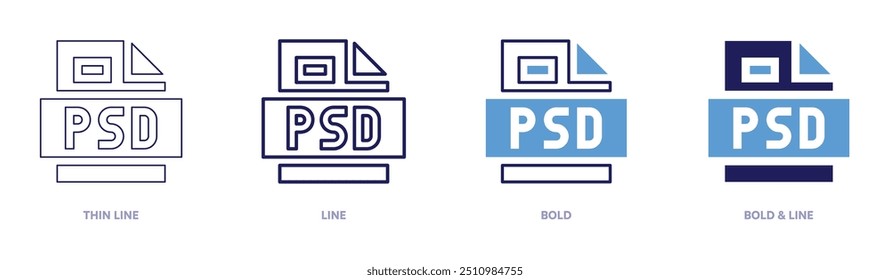 Ícone de arquivo Psd em 4 estilos diferentes. Linha fina, Linha, Negrito e Linha Negrito. Estilo duotônico. Traçado editável.