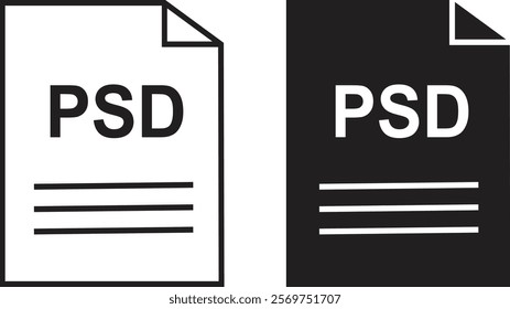 PSD file icon set. PSD file type symbol. File PSD format icon in black filled and outlined style isolated on transparent background. Ideal for technology or data related content, vector illustration.