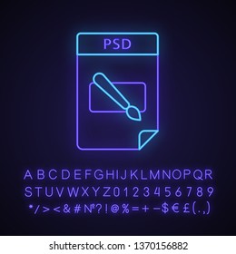 PSD file neon light icon. Layered image file format. Glowing sign with alphabet, numbers and symbols. Vector isolated illustration