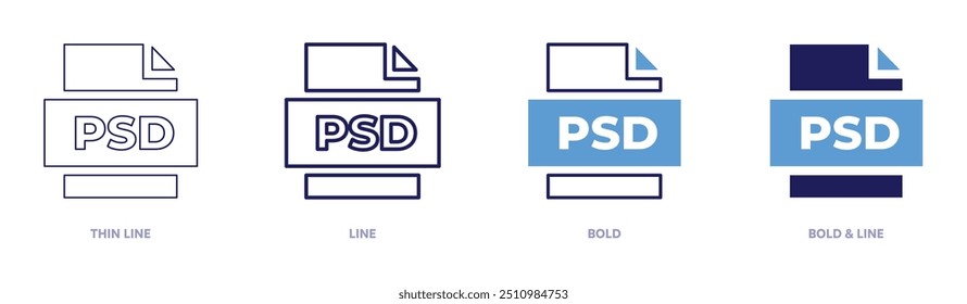 Ícone de arquivos Psd em 4 estilos diferentes. Linha fina, Linha, Negrito e Linha Negrito. Estilo duotônico. Traçado editável.