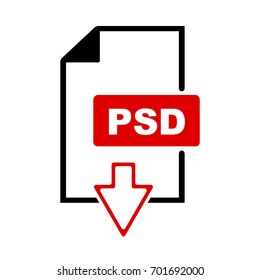 The psd icon. File format symbol. no background, icon with a red arrow download