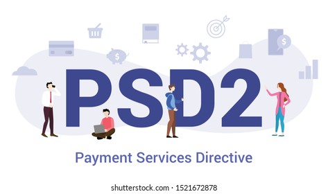 psd2 payment services directive concept with big word or text and team people with modern flat style - vector