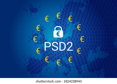 PSD2 - Payment Services Directive. Vector Background. Blue EU Flag And Map