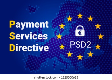 PSD2 - Payment Services Directive. Vector Background. Blue EU Flag And Map