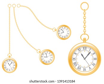 Pseudo antique gold watches on white background. Vintage clock with a chain of different lengths and shapes. Realistic vector illustration EPS-8.