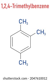 Pseudocumene (1,2,4-trimethylbenzene) aromatic hydrocarbon molecule. Occurs in naturally in coal tar and petroleum. Skeletal formula.