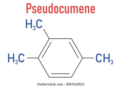 Pseudocumene (1,2,4-trimethylbenzene) aromatic hydrocarbon molecule. Occurs in naturally in coal tar and petroleum. Skeletal formula.