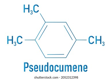 Pseudocumene (1,2,4-trimethylbenzene) aromatic hydrocarbon molecule. Occurs in naturally in coal tar and petroleum. Skeletal formula.