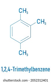 Pseudocumene (1,2,4-trimethylbenzene) aromatic hydrocarbon molecule. Occurs in naturally in coal tar and petroleum. Skeletal formula.