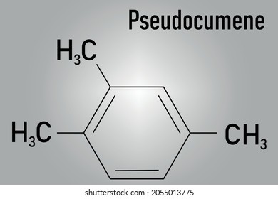 Pseudocumene (1,2,4-trimethylbenzene) aromatic hydrocarbon molecule. Occurs in naturally in coal tar and petroleum. Skeletal formula.