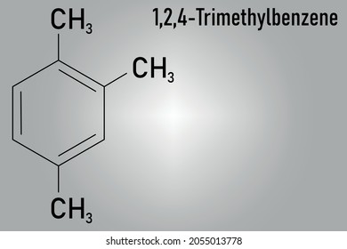 Pseudocumene (1,2,4-trimethylbenzene) aromatic hydrocarbon molecule. Occurs in naturally in coal tar and petroleum. Skeletal formula.