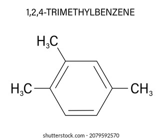 Pseudocumene (1,2,4-trimethylbenzene) aromatic hydrocarbon molecule. Occurs in naturally in coal tar and petroleum. Skeletal formula.