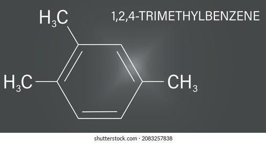 Pseudocumene (1,2,4-trimethylbenzene) aromatic hydrocarbon molecule. Occurs in naturally in coal tar and petroleum. Skeletal formula.