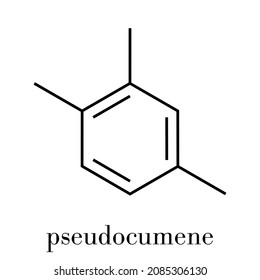 Pseudocumene (1,2,4-trimethylbenzene) aromatic hydrocarbon molecule. Occurs in naturally in coal tar and petroleum. Skeletal formula.