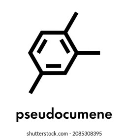 Pseudocumene (1,2,4-trimethylbenzene) aromatic hydrocarbon molecule. Occurs in naturally in coal tar and petroleum. Skeletal formula.