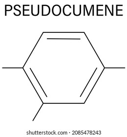 Pseudocumene (1,2,4-trimethylbenzene) aromatic hydrocarbon molecule. Occurs in naturally in coal tar and petroleum. Skeletal formula.