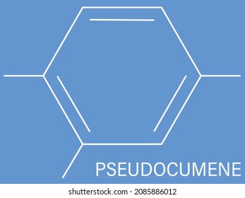 Pseudocumene (1,2,4-trimethylbenzene) aromatic hydrocarbon molecule. Occurs in naturally in coal tar and petroleum. Skeletal formula.