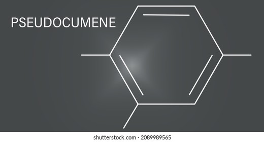 Pseudocumene (1,2,4-trimethylbenzene) aromatic hydrocarbon molecule. Occurs in naturally in coal tar and petroleum. Skeletal formula.