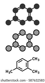 Pseudocumene (1,2,4-trimethylbenzene) aromatic hydrocarbon molecule. Occurs in naturally in coal tar and petroleum. Conventional skeletal formula and stylized representations.