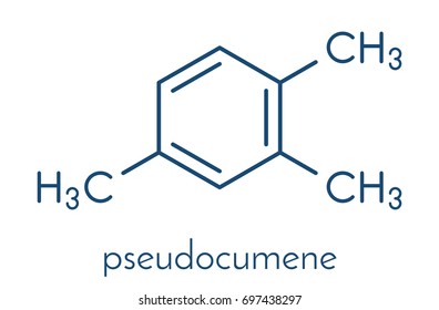 Pseudocumene (1,2,4-trimethylbenzene) aromatic hydrocarbon molecule. Occurs in naturally in coal tar and petroleum. Skeletal formula.