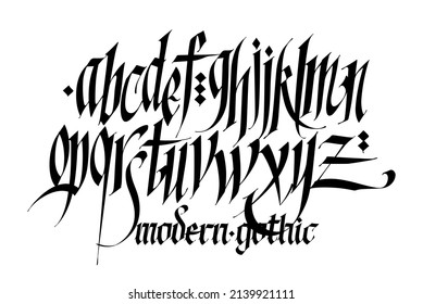 Pseudo-gothic, English alphabet. Vector. Font for tattoo, personal and commercial purposes. Letters and elements are isolated on a white background. Calligraphy for inscriptions.  Modern style.