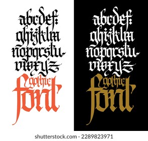 Pseudo-gothic, English alphabet. Vector. Font for tattoo, personal and commercial purposes. Letters and elements are isolated on a black background. Calligraphy for inscriptions.  