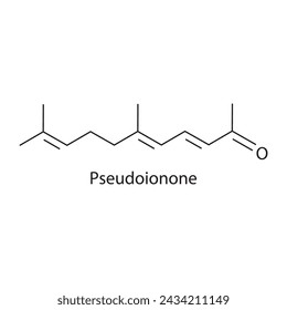 Pseudoionone skeletal structure diagram.volatile compound molecule scientific illustration on white background.