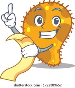 Diseño del personaje mascota Pseudomonas con un menú en la mano