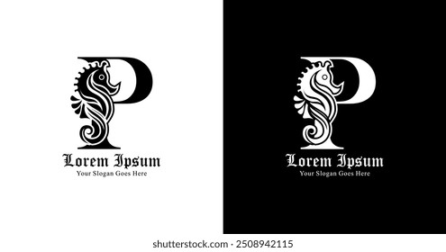 P-shaped logo design combined with seahorses