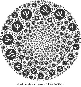 Psi covid virus icons are united into bubble collection. Psi covid virus icon bubble mosaic. Abstract sphere cluster mosaic combined from Psi covid virus items.