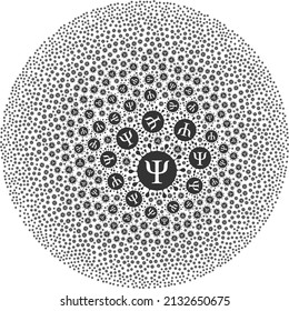 Psi covid virus symbols are grouped into circle collection. Psi covid virus icon bubble mosaic. Abstraction spheric globula mosaic is combined with Psi covid virus symbols.