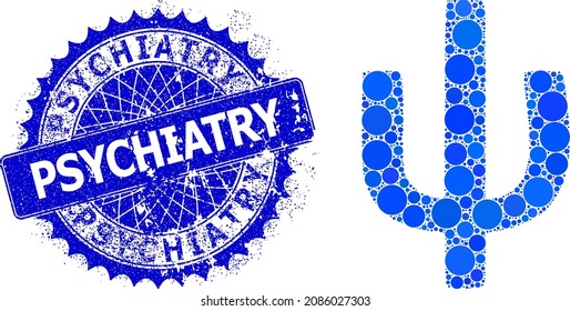 Psi Greek lowercase symbol vector composition of circle dots in various sizes and blue color tinges, and textured Psychiatry stamp. Blue round sharp rosette stamp contains Psychiatry text inside it.