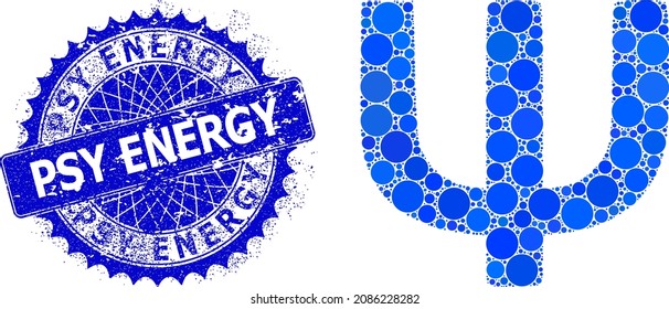 Psi Greek symbol vector composition of dots in variable sizes and blue color shades, and textured Psy Energy badge. Blue round sharp rosette badge has Psy Energy title inside.