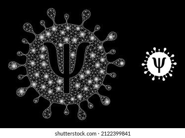 Icono de cepa del virus Psi y estructura de la cepa de la red de la malla Psi con focos luminosos brillantes. La constelación iluminada se realiza utilizando el icono vectorial de cepa del virus Psi y la malla triangulada.